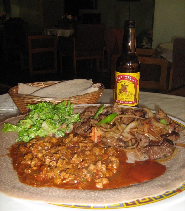 tibs, injera and salad